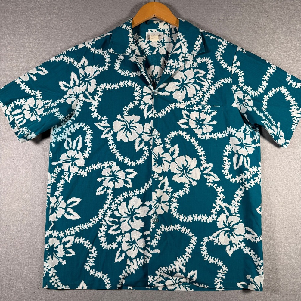 Helenas Vintage Hawaiian Shirt Mens Large Teal White Floral Lei Made in Hawaii